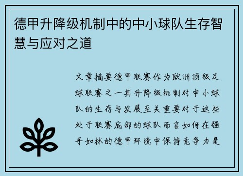德甲升降级机制中的中小球队生存智慧与应对之道