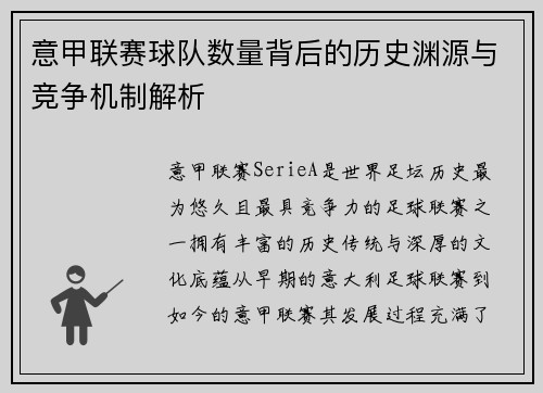 意甲联赛球队数量背后的历史渊源与竞争机制解析