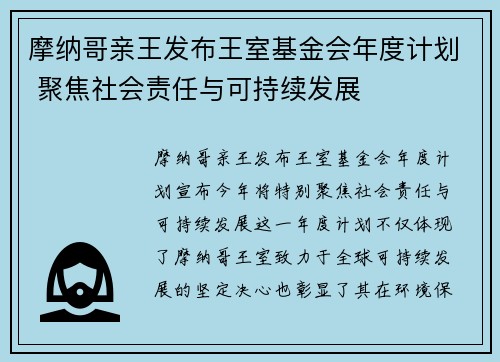 摩纳哥亲王发布王室基金会年度计划 聚焦社会责任与可持续发展
