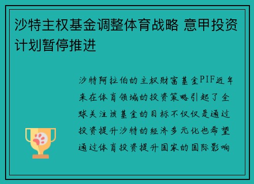 沙特主权基金调整体育战略 意甲投资计划暂停推进